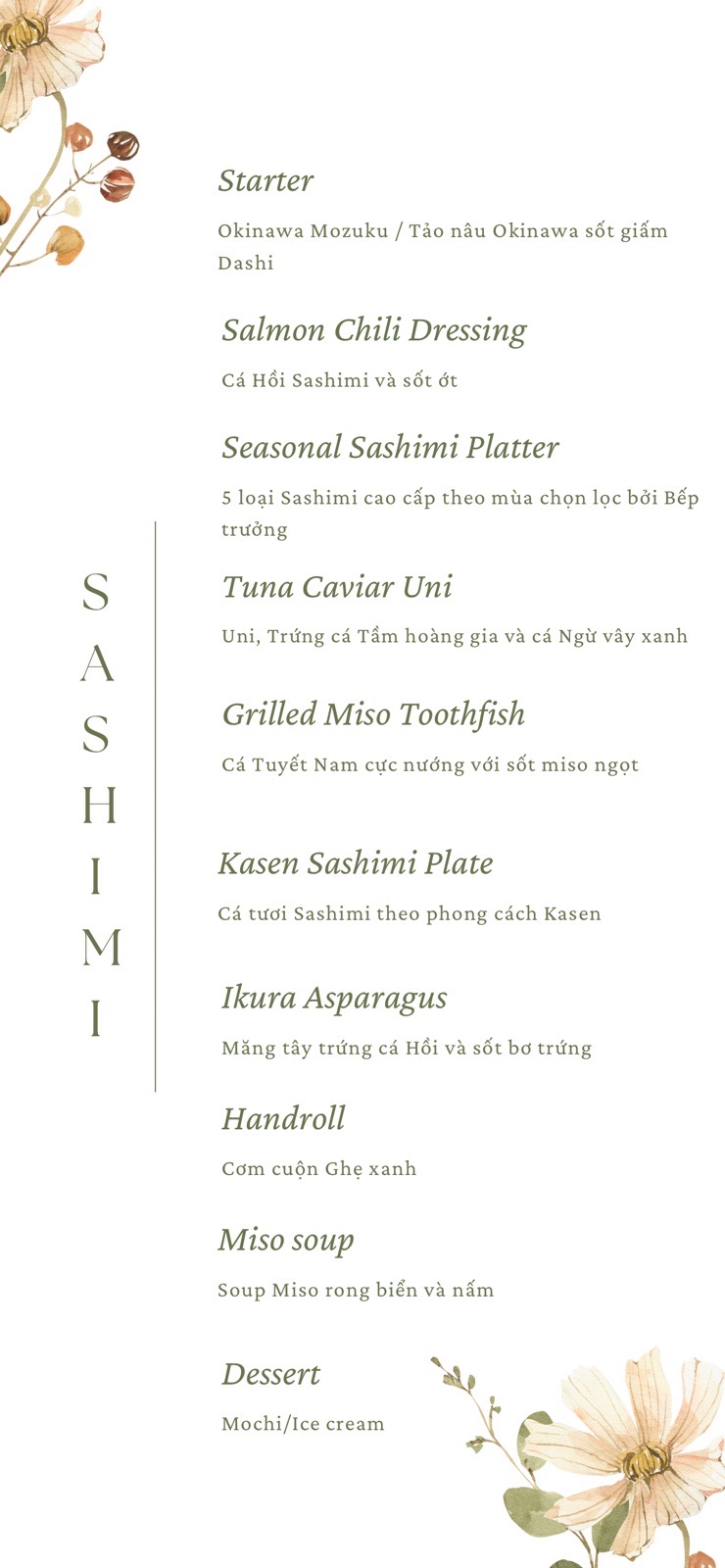 Thực đơn món mẫu Sashimi bằng tiếng Anh và tiếng Việt.