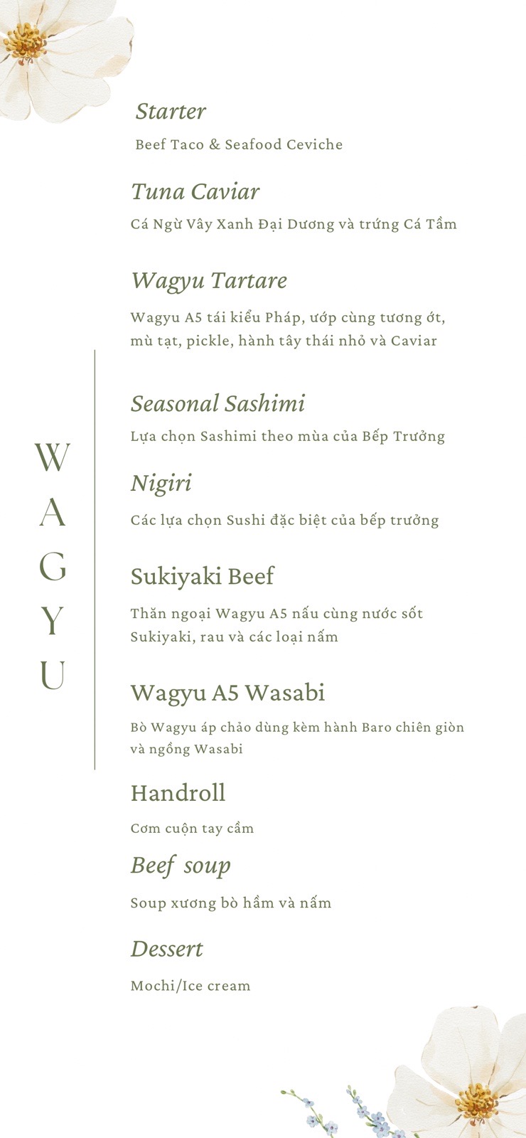 Thực đơn món mẫu Wagyu bằng tiếng Anh và tiếng Việt.